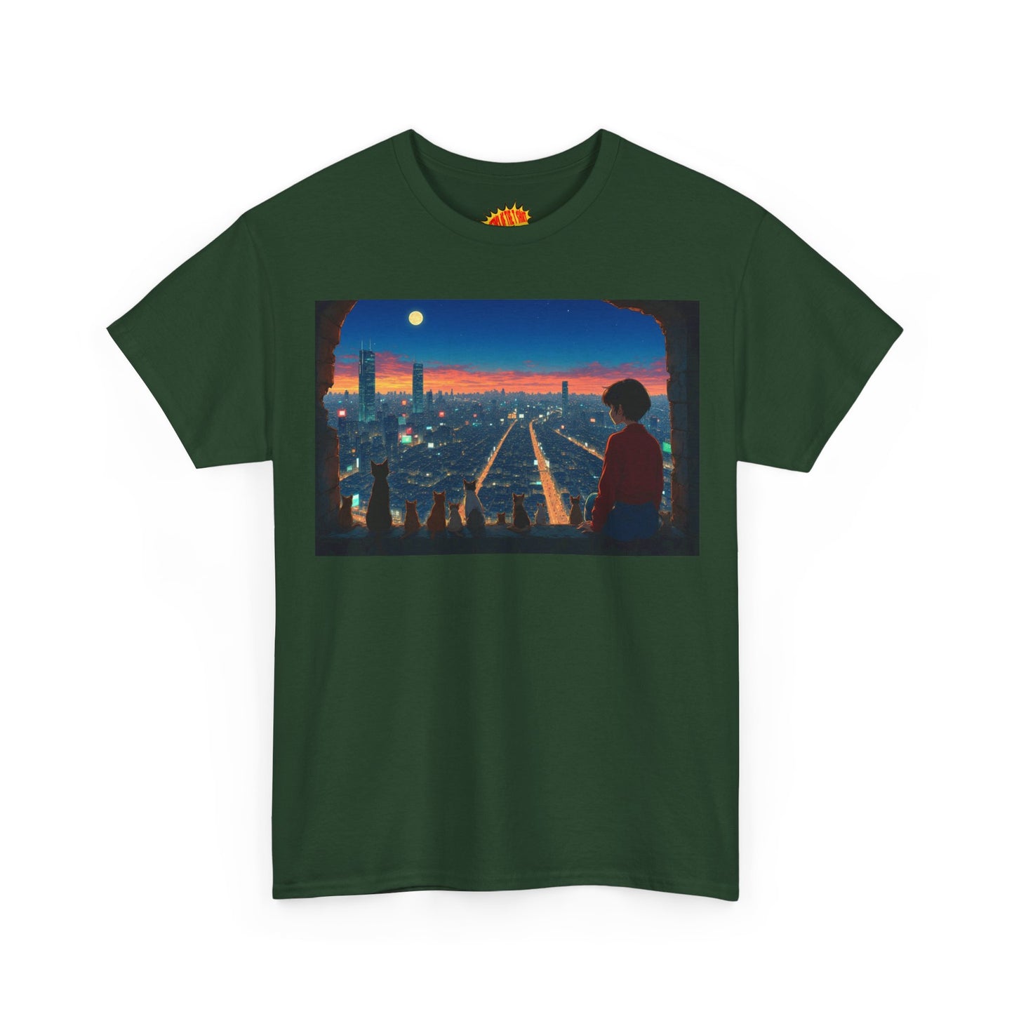 Neon Cityscape Anime Scene w/Girl & Cats T-Shirt *Multiple Colors*