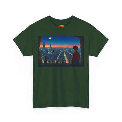 Neon Cityscape Anime Scene w/Girl & Cats T-Shirt