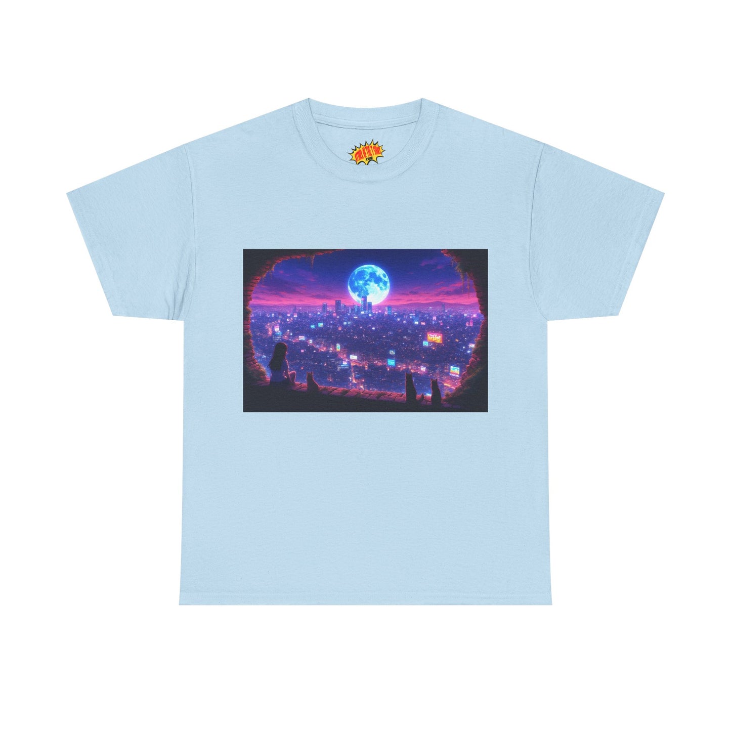 Neon Anime Cityscape Full Moon Scene w/Girl & Cats T-Shirt *Multiple Colors*