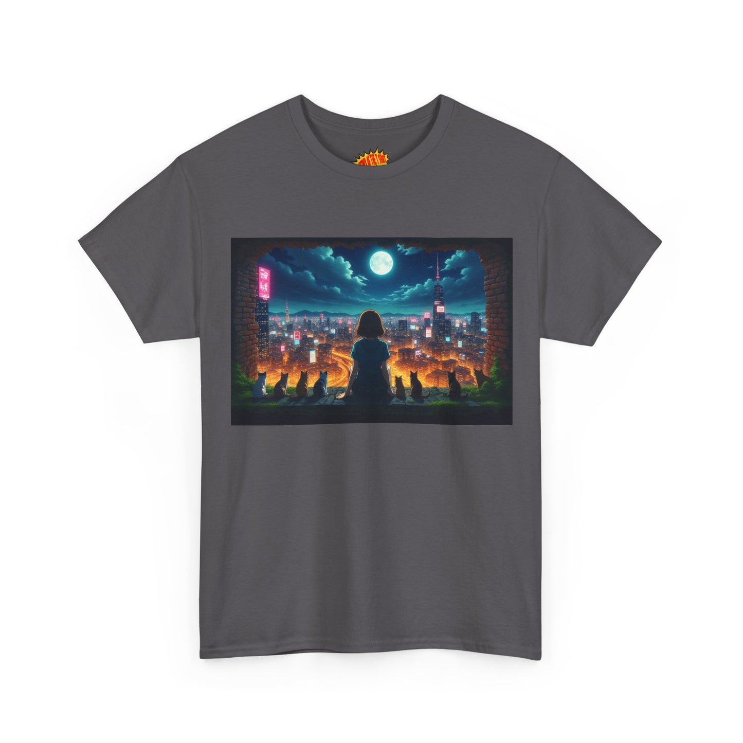 Anime Neon City Night Scene w/Girl & Cats T-Shirt *Multiple Colors*