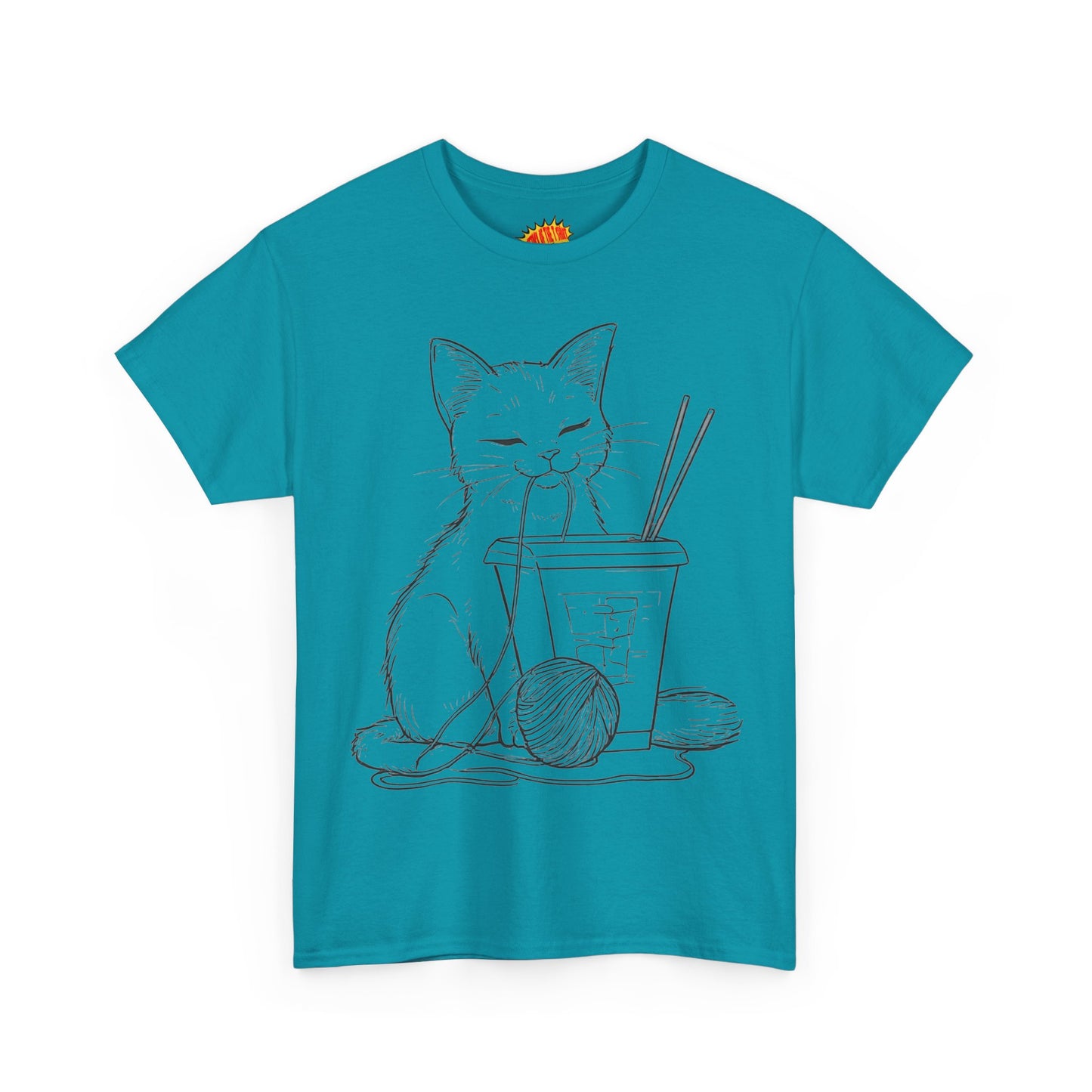 Cat w/Takeout + Yarn Ball Line Drawing Tee Shirt *Multiple Colors*