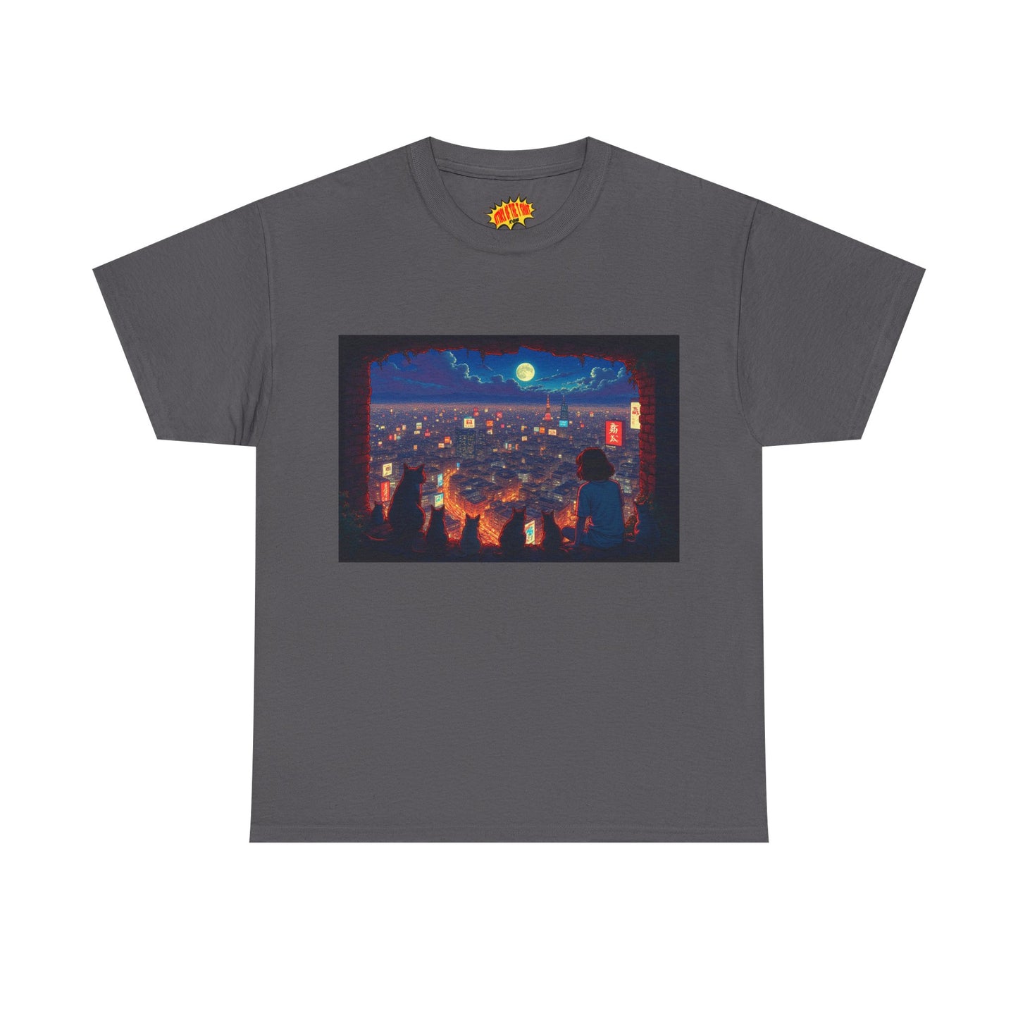 Cityscape Anime Nighttime Scene w/Girl & Cats T-Shirt *Multiple Colors*