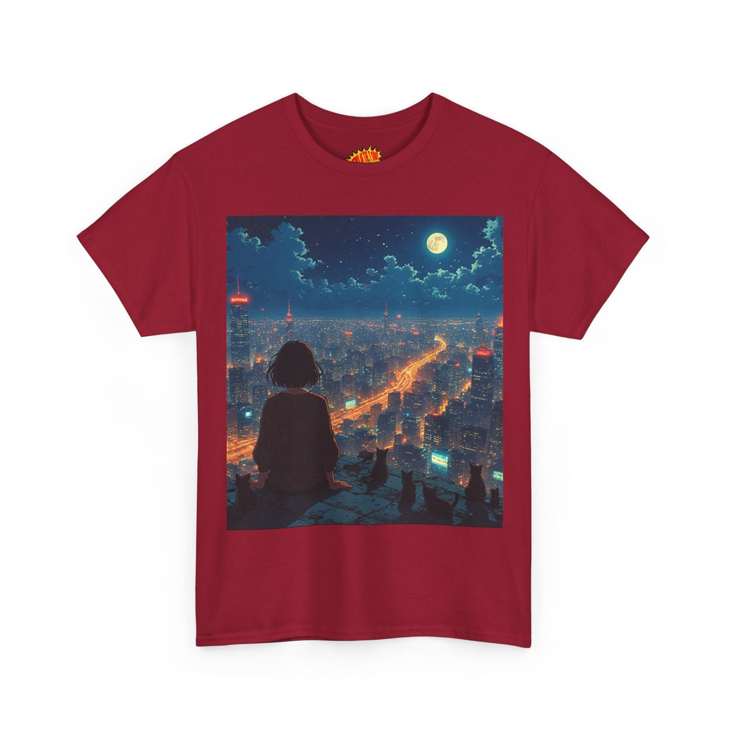 Neon City Anime Night Scene w/Girl & Cats T-Shirt *Multiple Colors*