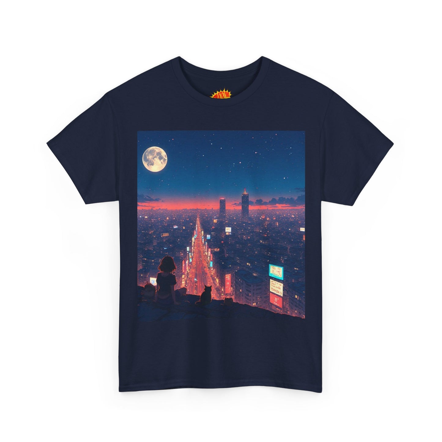 Anime Neon City Night Scene w/Girl & Cats T-Shirt *Multiple Colors*