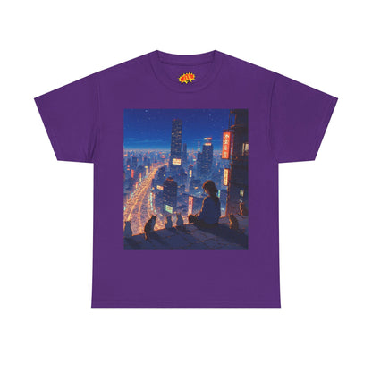 Neon Anime City Night Scene w/Girl & Cats T-Shirt