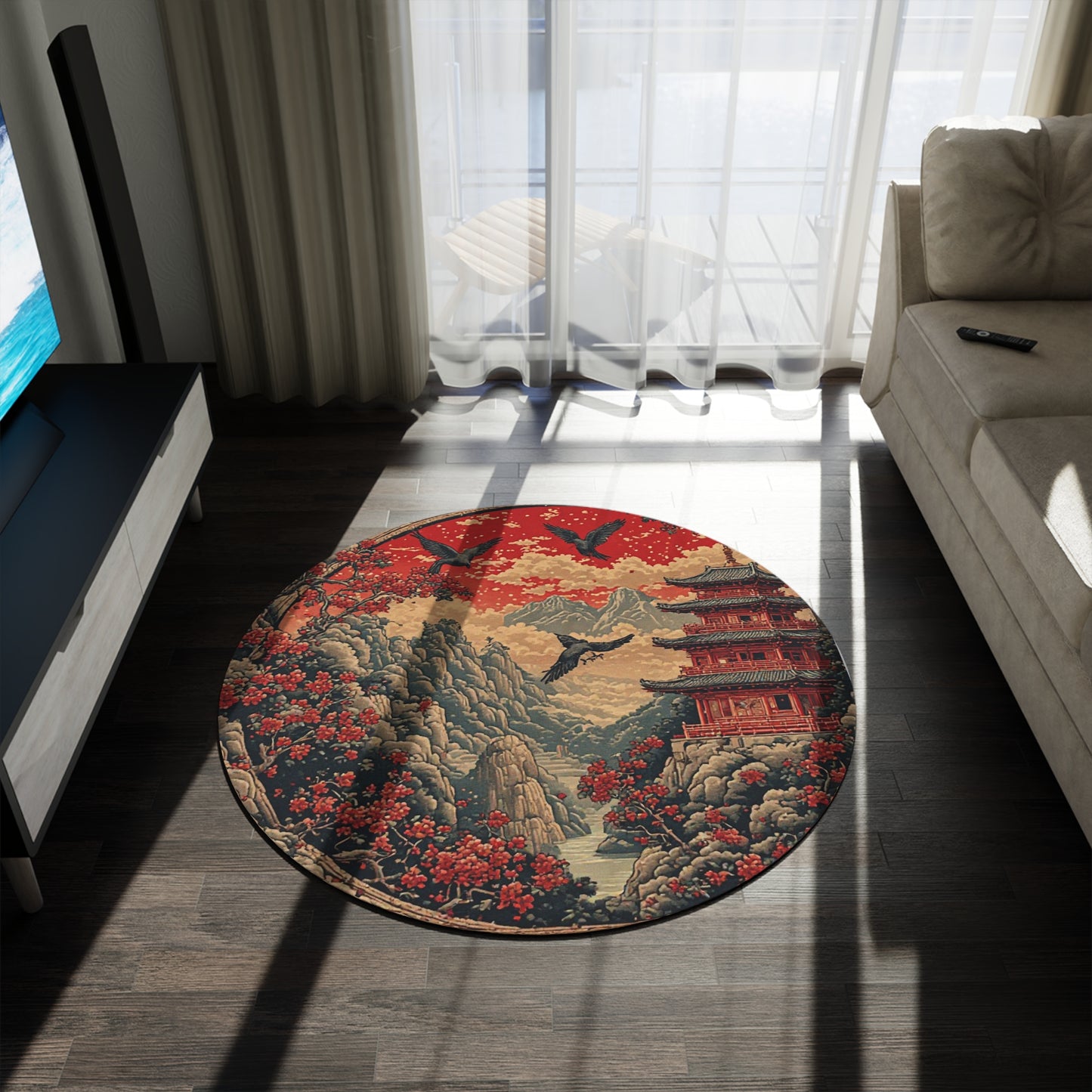 Oriental Style Rug w/Birds + Flowers - 60in Diameter Round Carpet 9