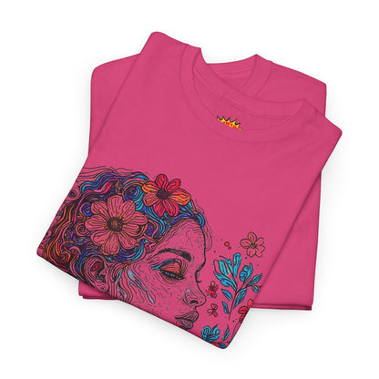 Multicolor Line Drawing Human Graphic Flower Art Tee Shirt