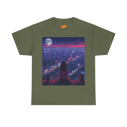 Anime City Neon Night Scene w/Girl & Cats T-Shirt
