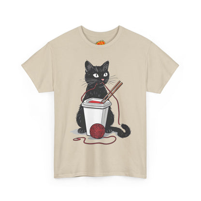 Black Cat w/Noodles + Yarn Ball Art Drawing Tee Shirt