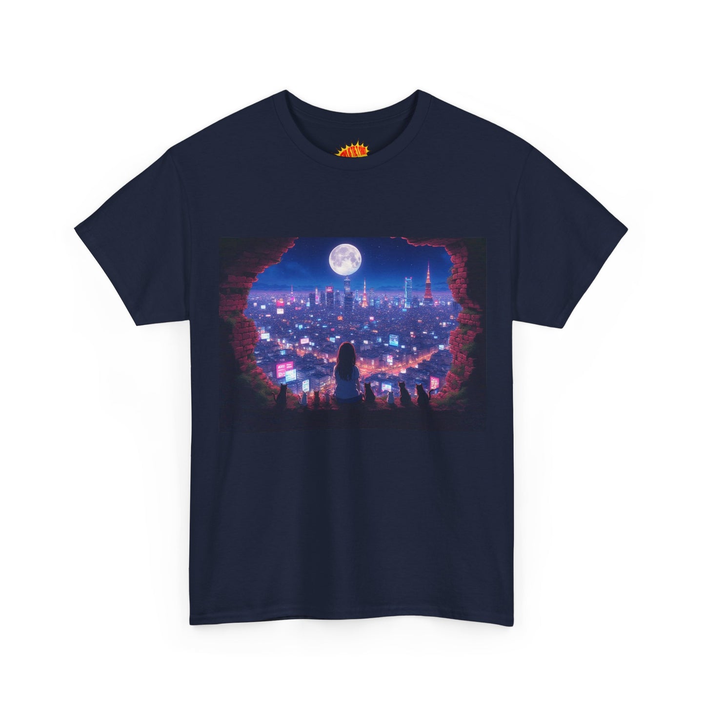 Neon Anime City Night Scene w/Girl & Cats T-Shirt *Multiple Colors*