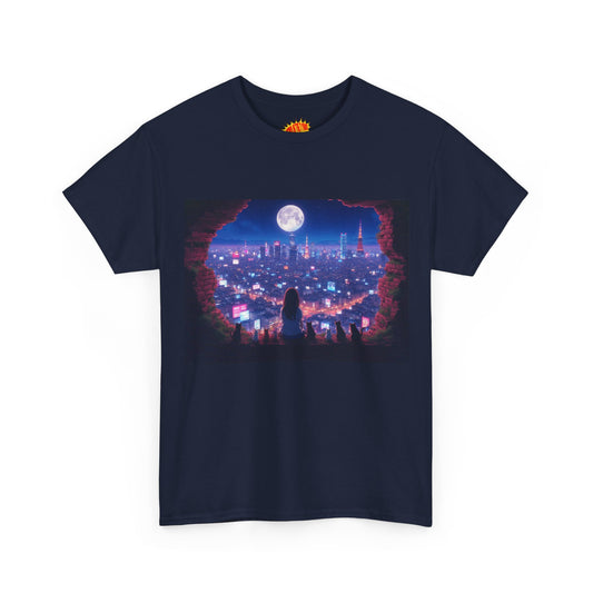 Neon Anime City Night Scene w/Girl & Cats T-Shirt *Multiple Colors*