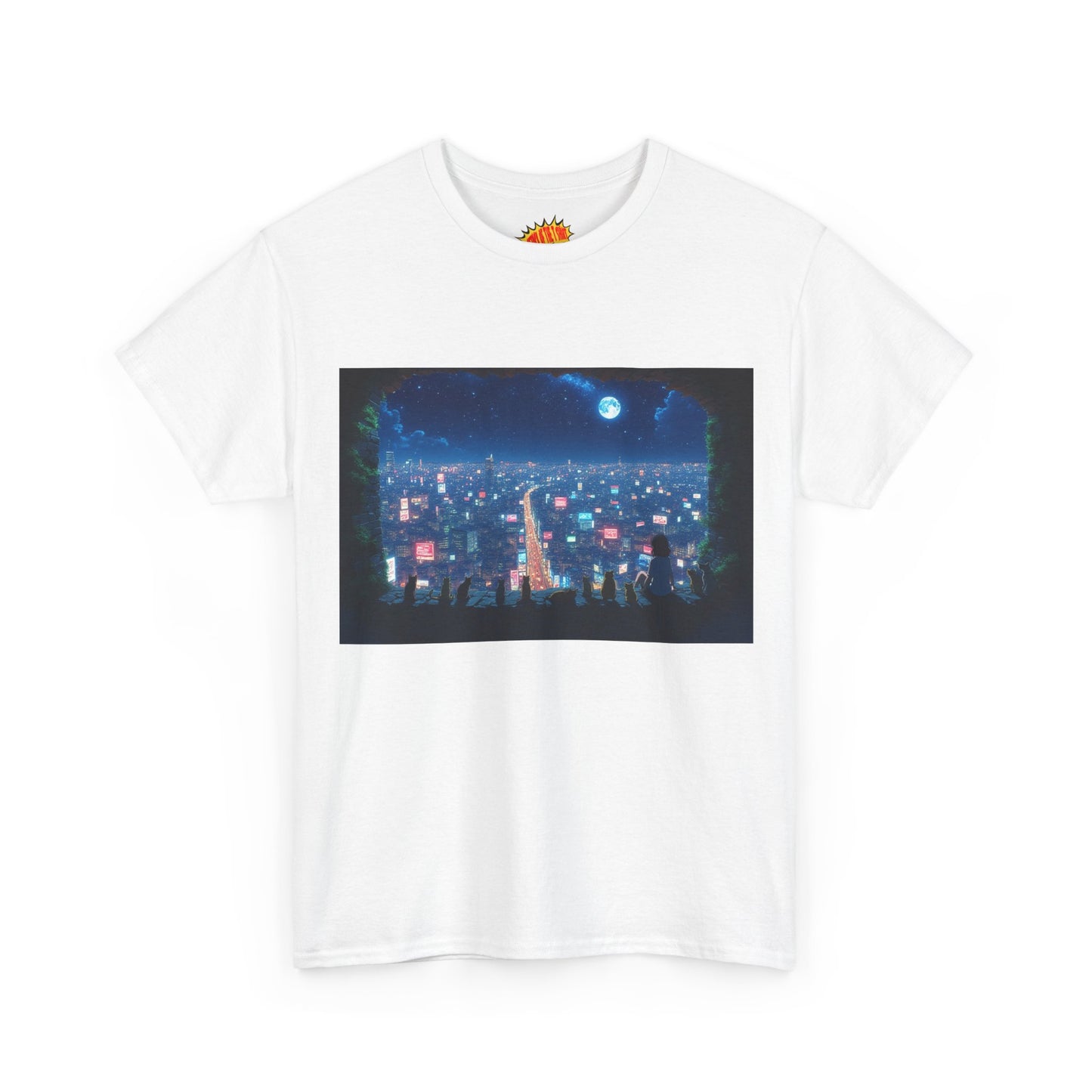 Anime City Neon Night Scene w/Girl & Cats T-Shirt *Multiple Colors*
