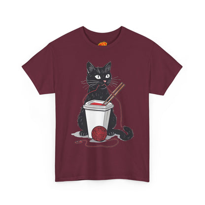 Black Cat w/Noodles + Yarn Ball Art Drawing Tee Shirt