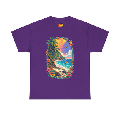 Tropical Beach Scene w/Oval Floral Frame T-Shirt