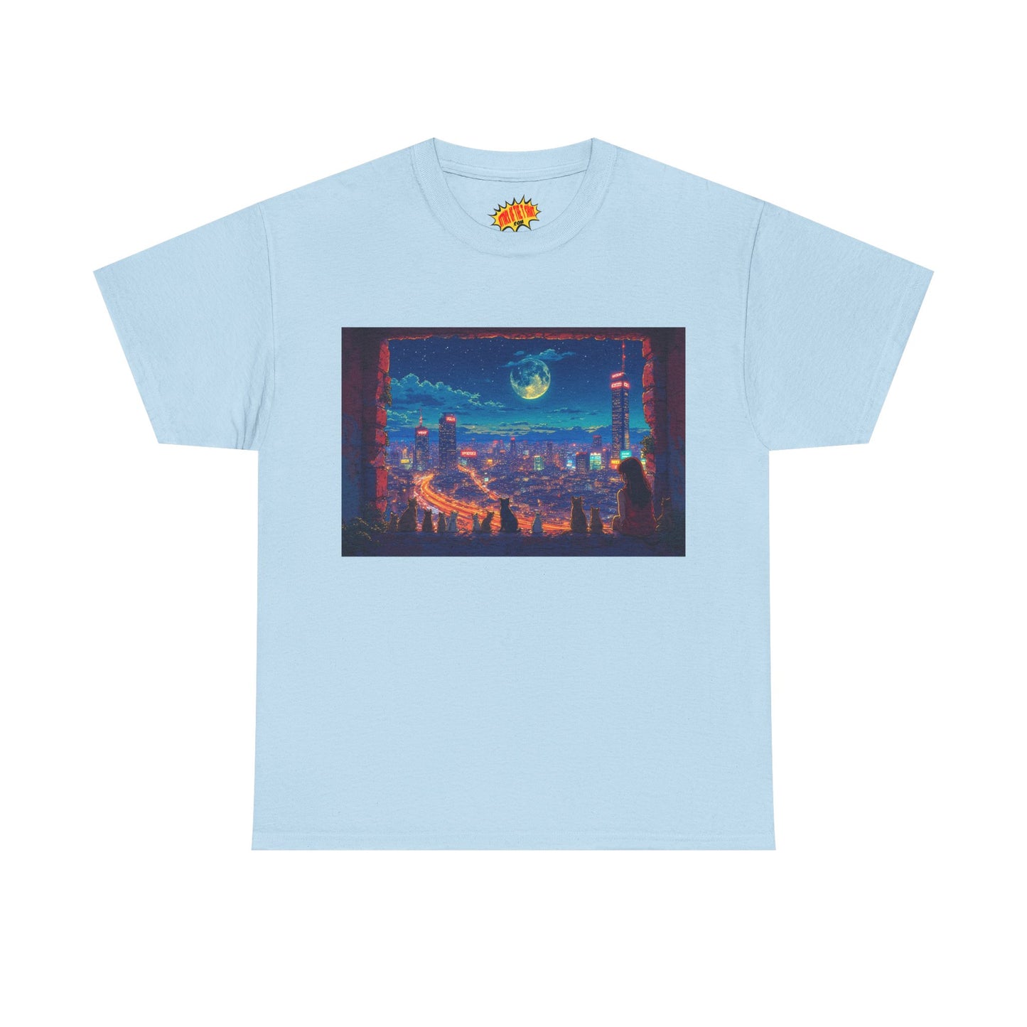 Anime Cityscape Night Scene w/Girl & Cats T-Shirt *Multiple Colors*