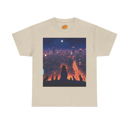 Neon City Anime Nighttime Scene w/Girl & Cats T-Shirt