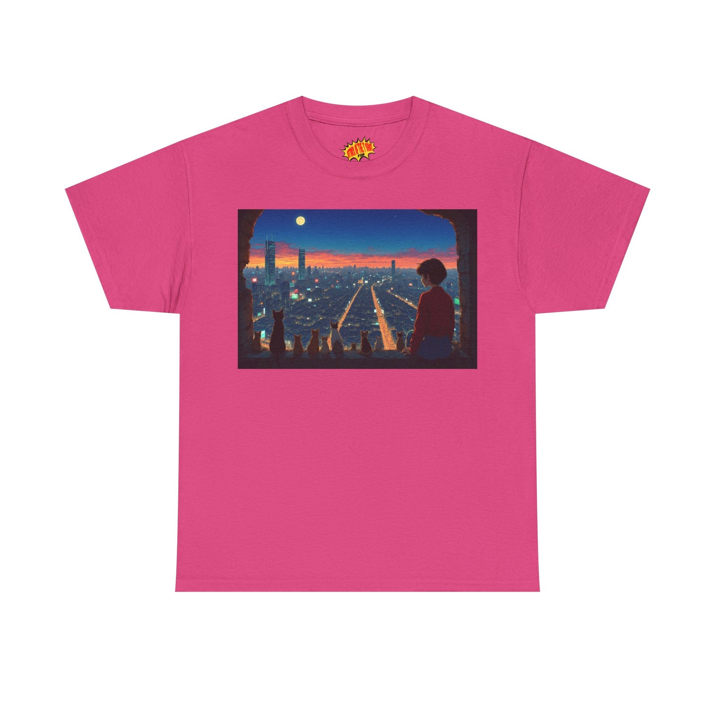 Neon Cityscape Anime Scene w/Girl & Cats T-Shirt *Multiple Colors*