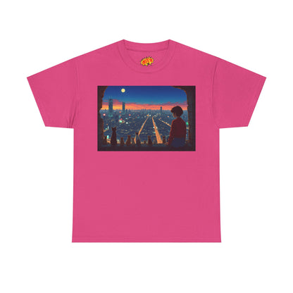 Neon Cityscape Anime Scene w/Girl & Cats T-Shirt