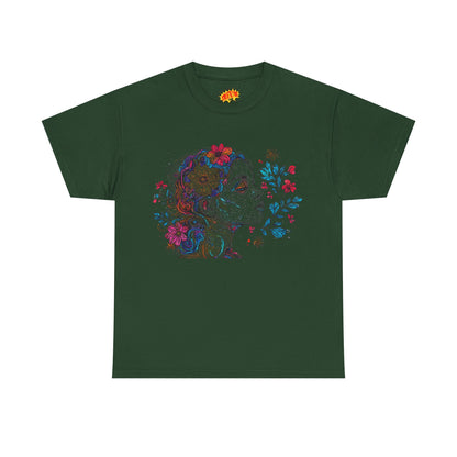 Multicolor Line Drawing Human Graphic Flower Art Tee Shirt