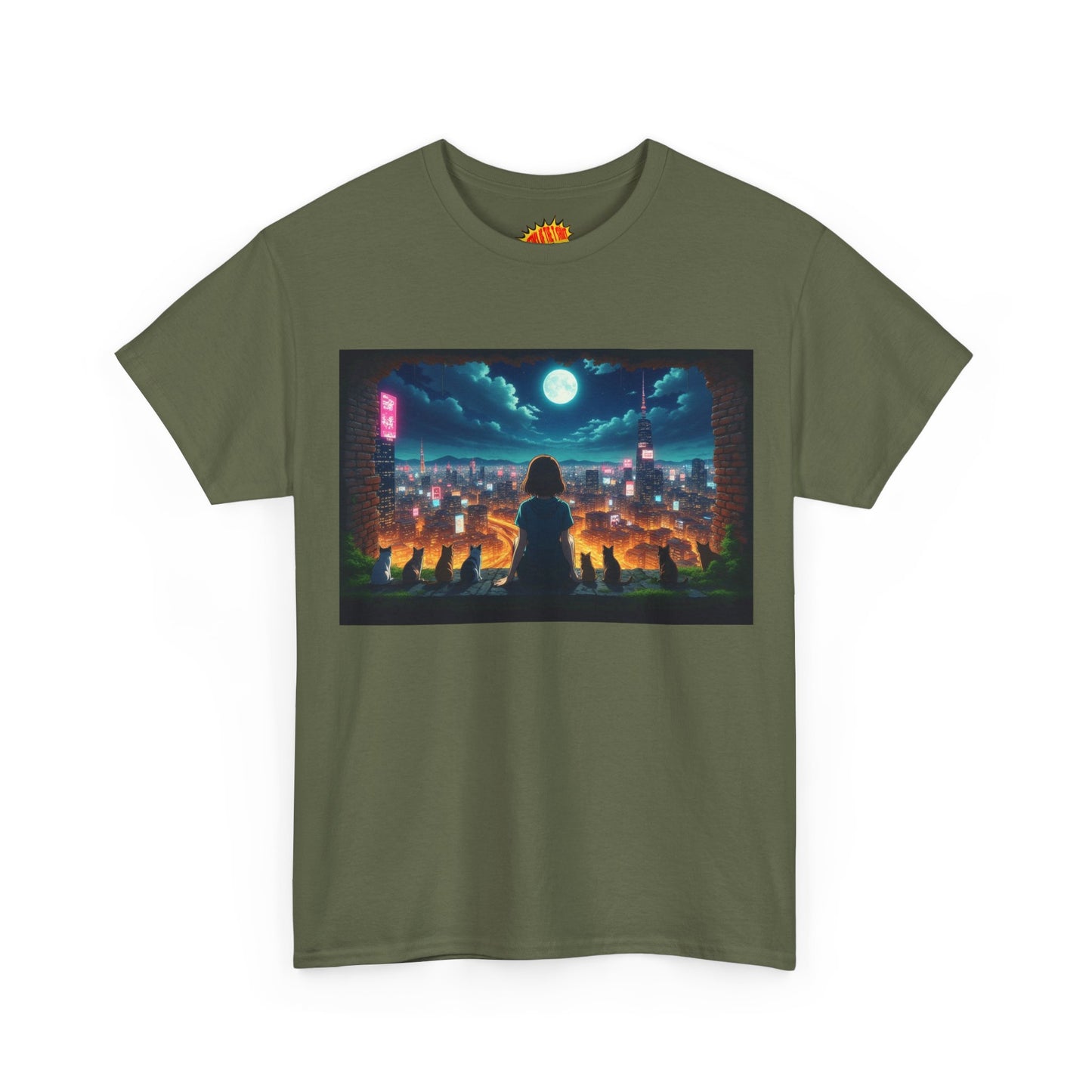 Anime Neon City Night Scene w/Girl & Cats T-Shirt *Multiple Colors*
