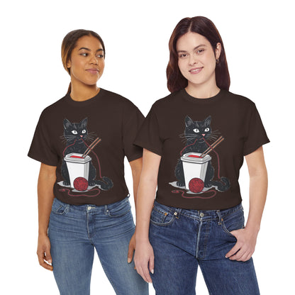Black Cat w/Noodles + Yarn Ball Art Drawing Tee Shirt