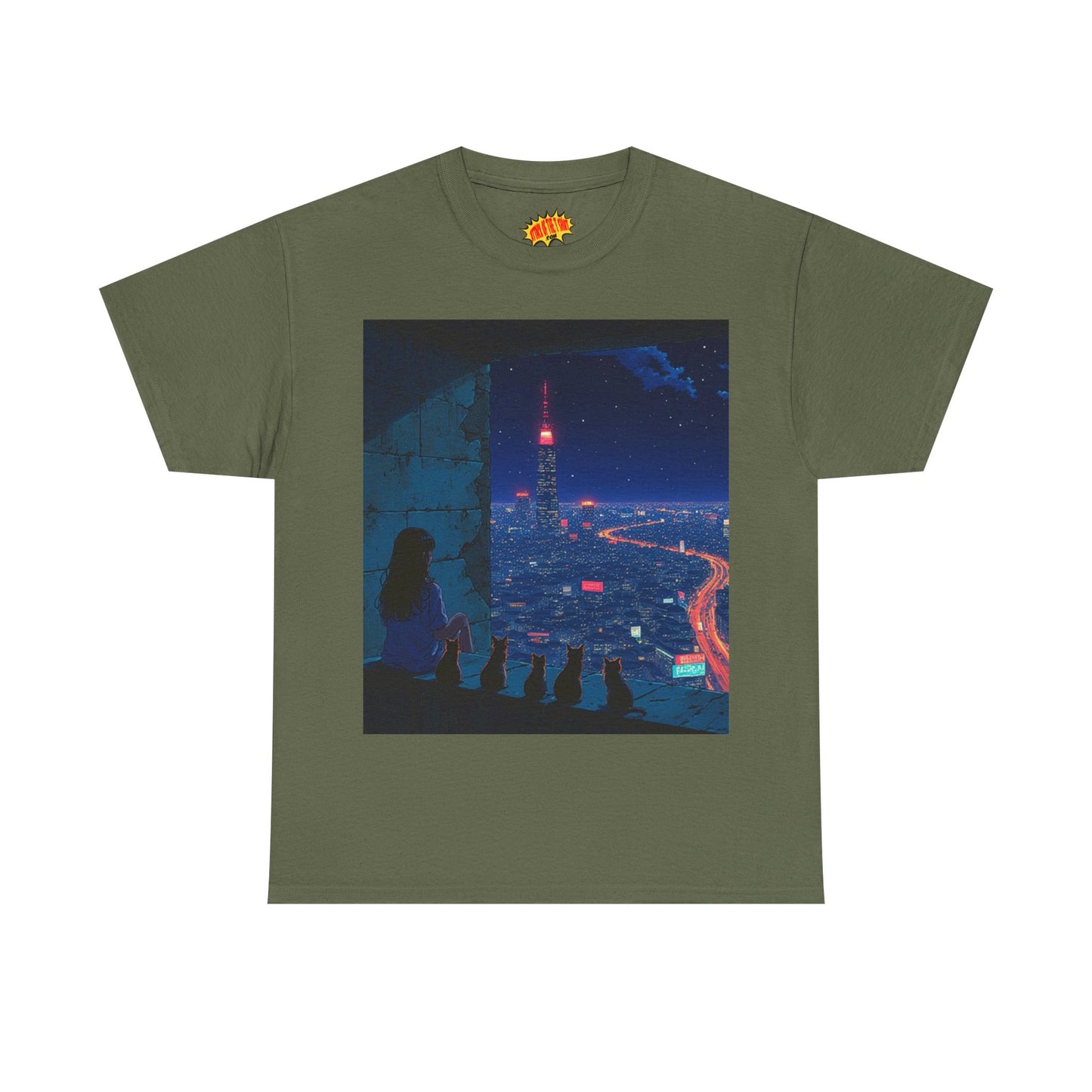 Anime Cityscape Night Scene w/Girl & Cats T-Shirt *Multiple Colors*