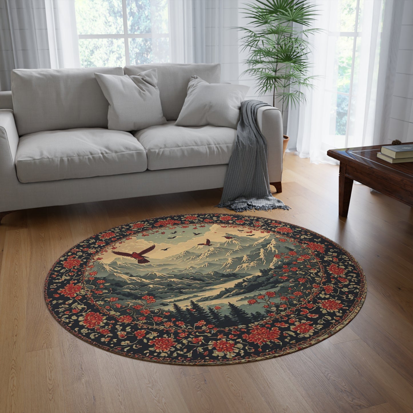 Oriental Style w/Birds + Flowers Rug - 60in Diameter Round Carpet