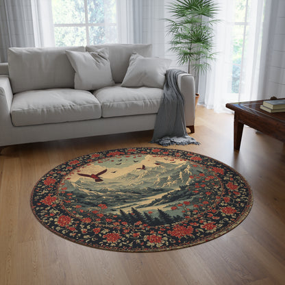 Oriental Style w/Birds + Flowers Rug - 60in Diameter Round Carpet