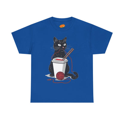 Black Cat w/Noodles + Yarn Ball Art Drawing Tee Shirt