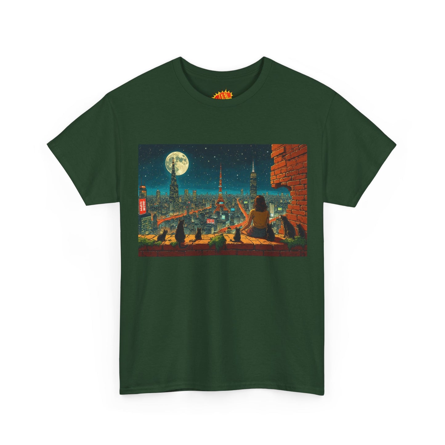 Anime Cityscape Full Moon Scene w/Girl & Cats T-Shirt *Multiple Colors*