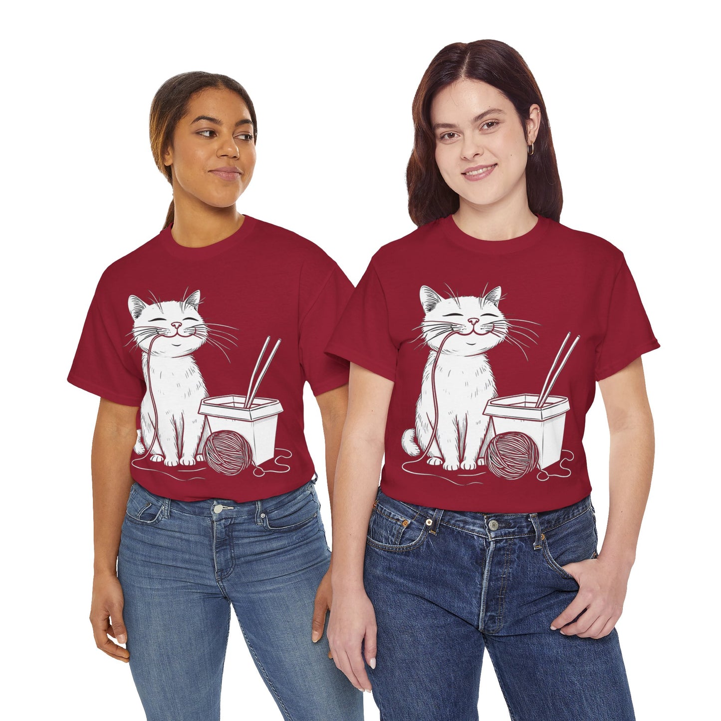 Happy Cat w/Noodles + Yarn Ball Art Drawing Tee Shirt *Multiple Colors*