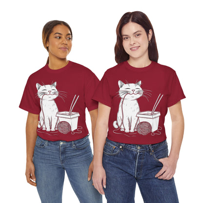 Happy Cat w/Noodles + Yarn Ball Art Drawing Tee Shirt