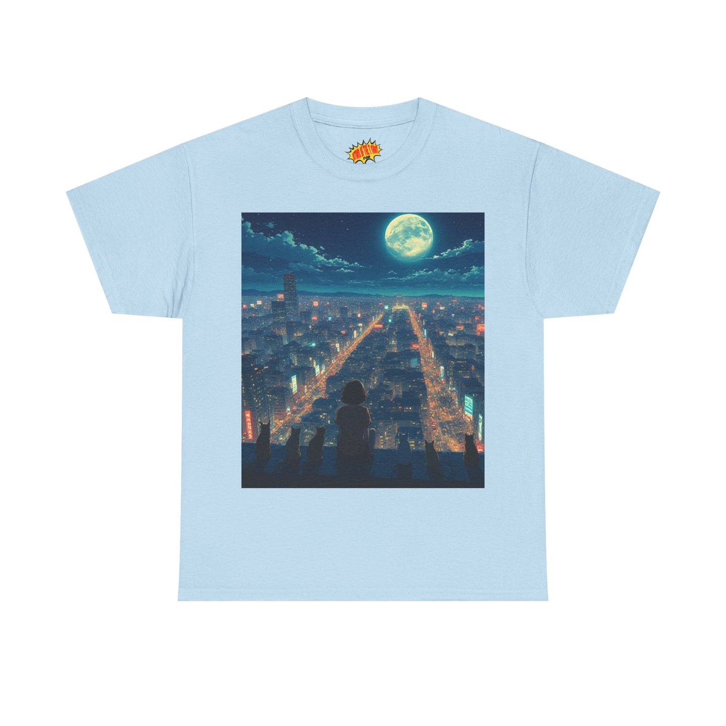 Anime City Full Moon Scene w/Girl & Cats T-Shirt *Multiple Colors*