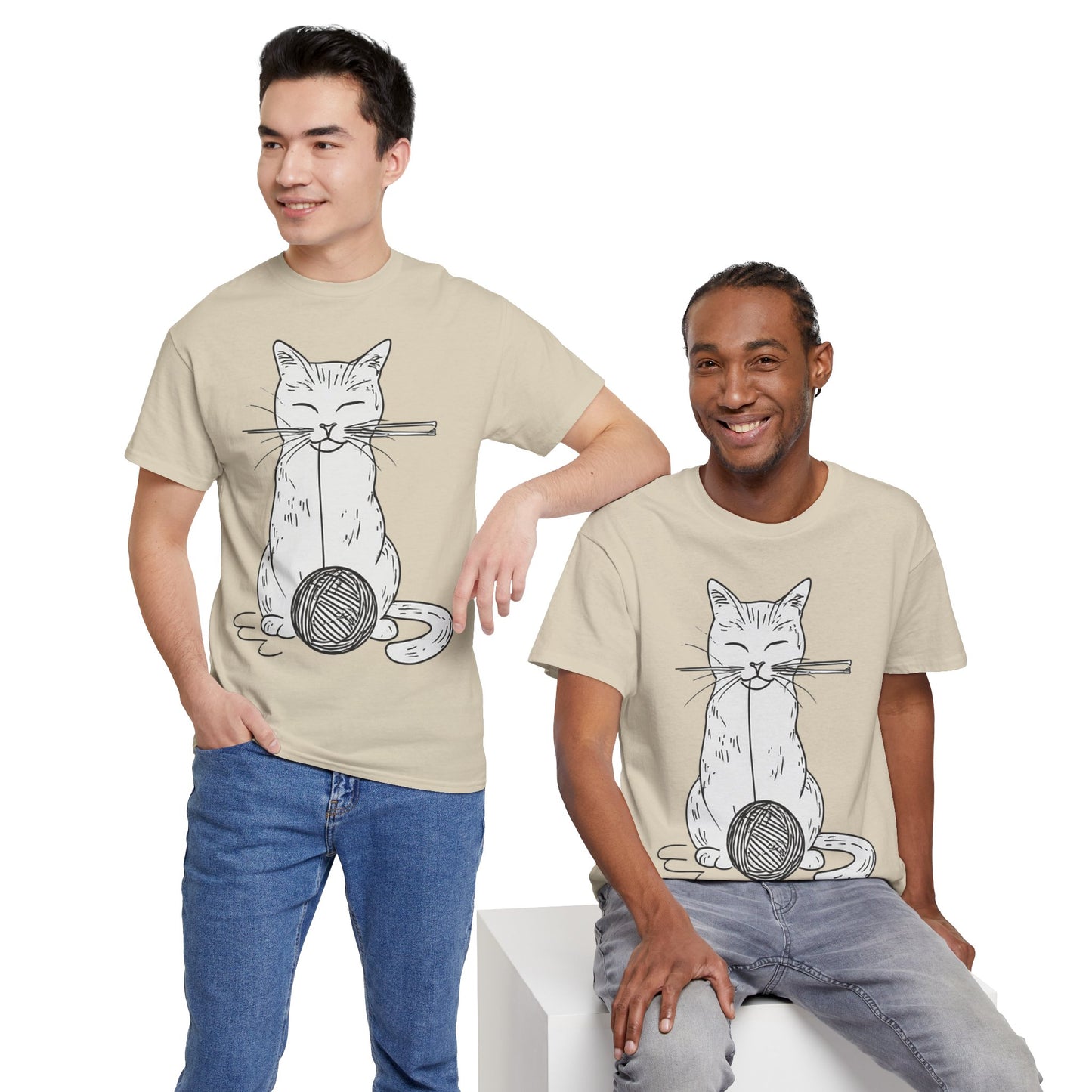 White Cat w/Yarn Ball Art Drawing Tee Shirt *Multiple Colors*