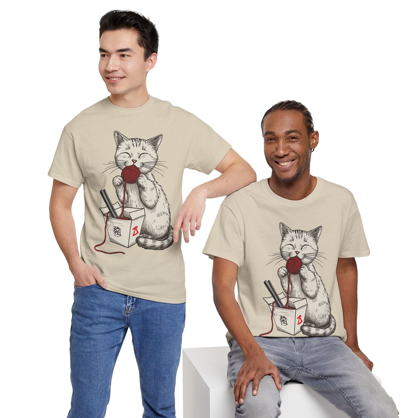 Cat w/Takeout Yarn Noodles Art Tee Shirt *Multiple Colors*