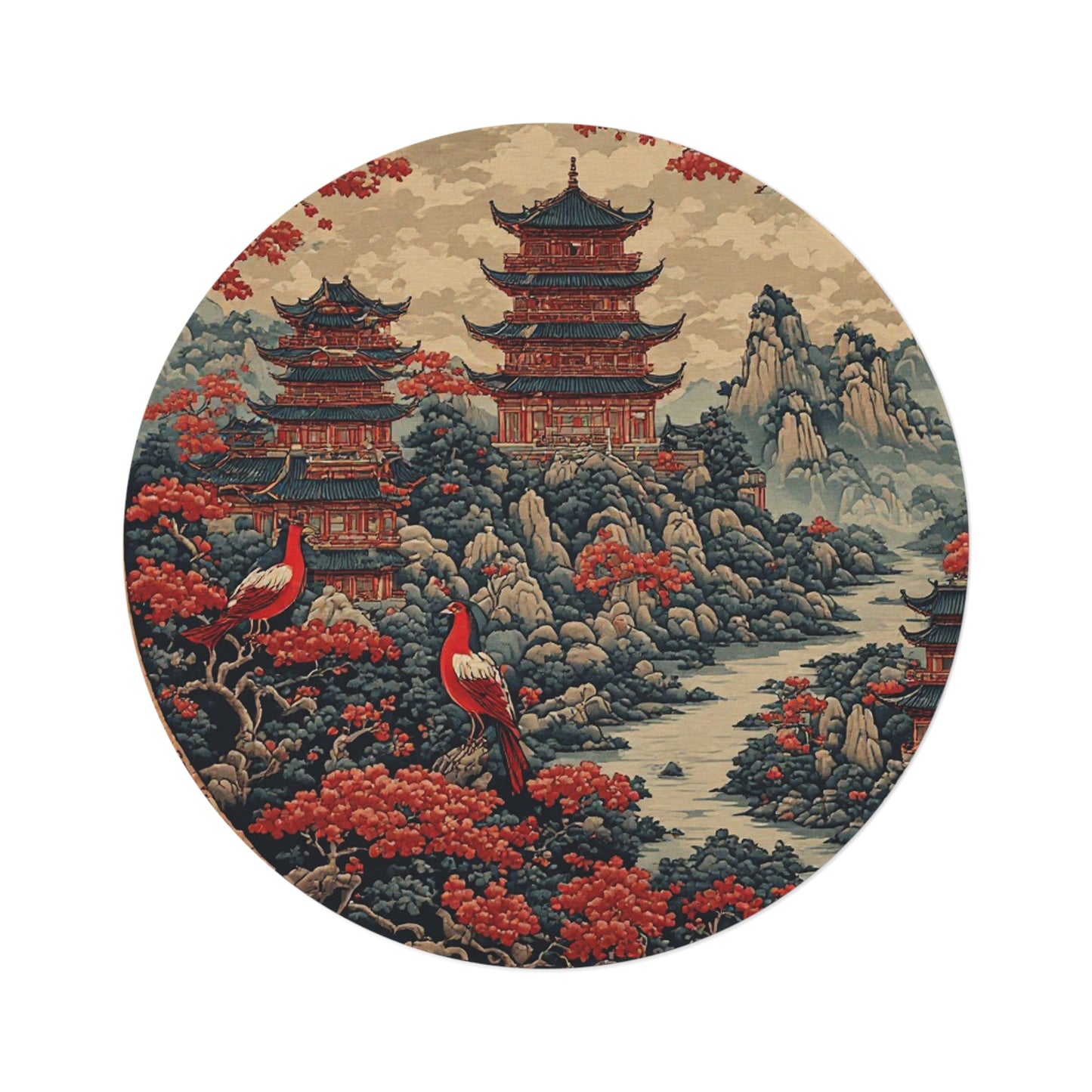 Oriental Style Rug w/Birds + Flowers - 60in Diameter Round Carpet 12