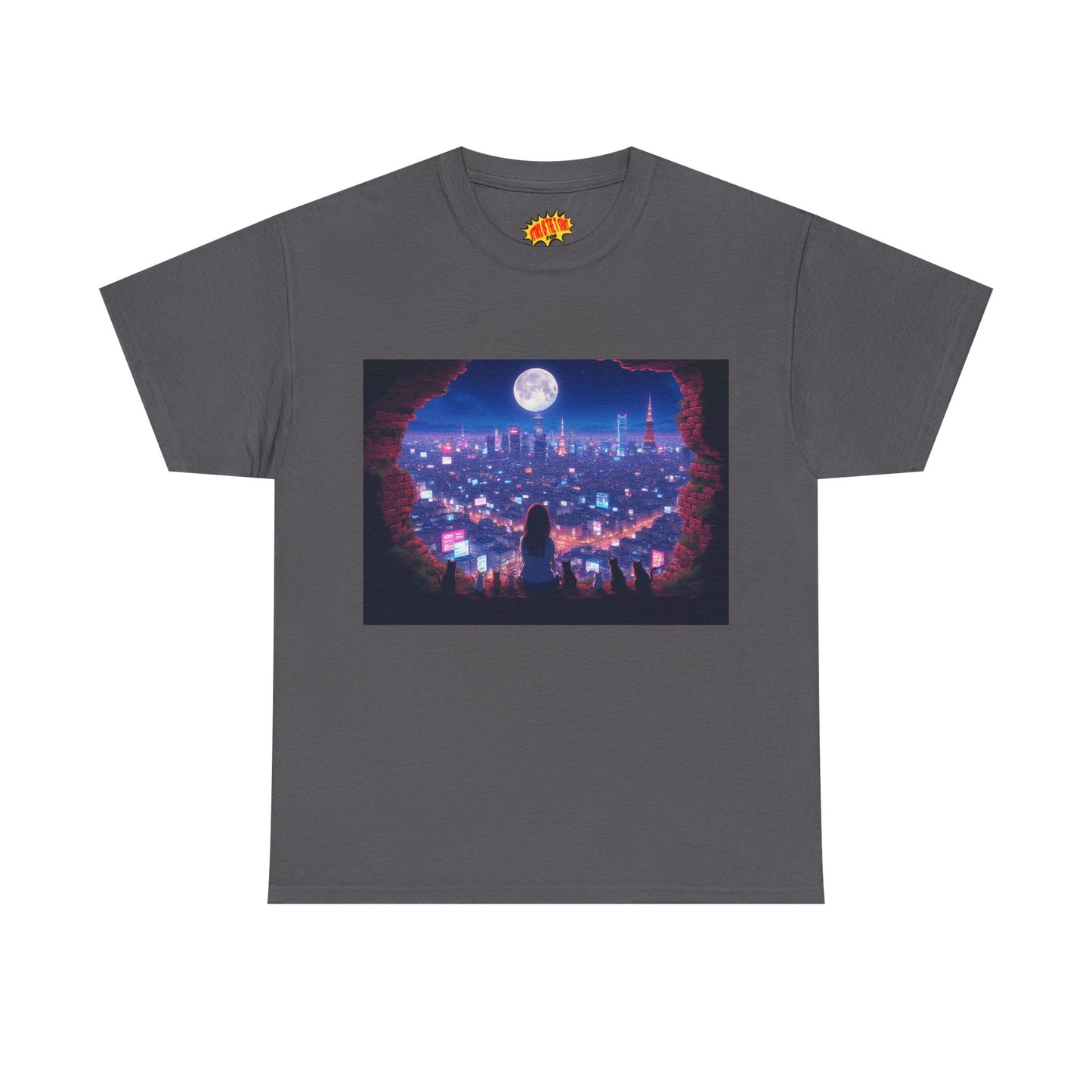 Neon Anime City Night Scene w/Girl & Cats T-Shirt *Multiple Colors*