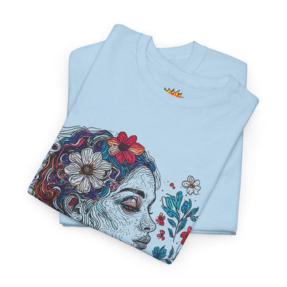 Multicolor Line Drawing Human Graphic Flower Art Tee Shirt