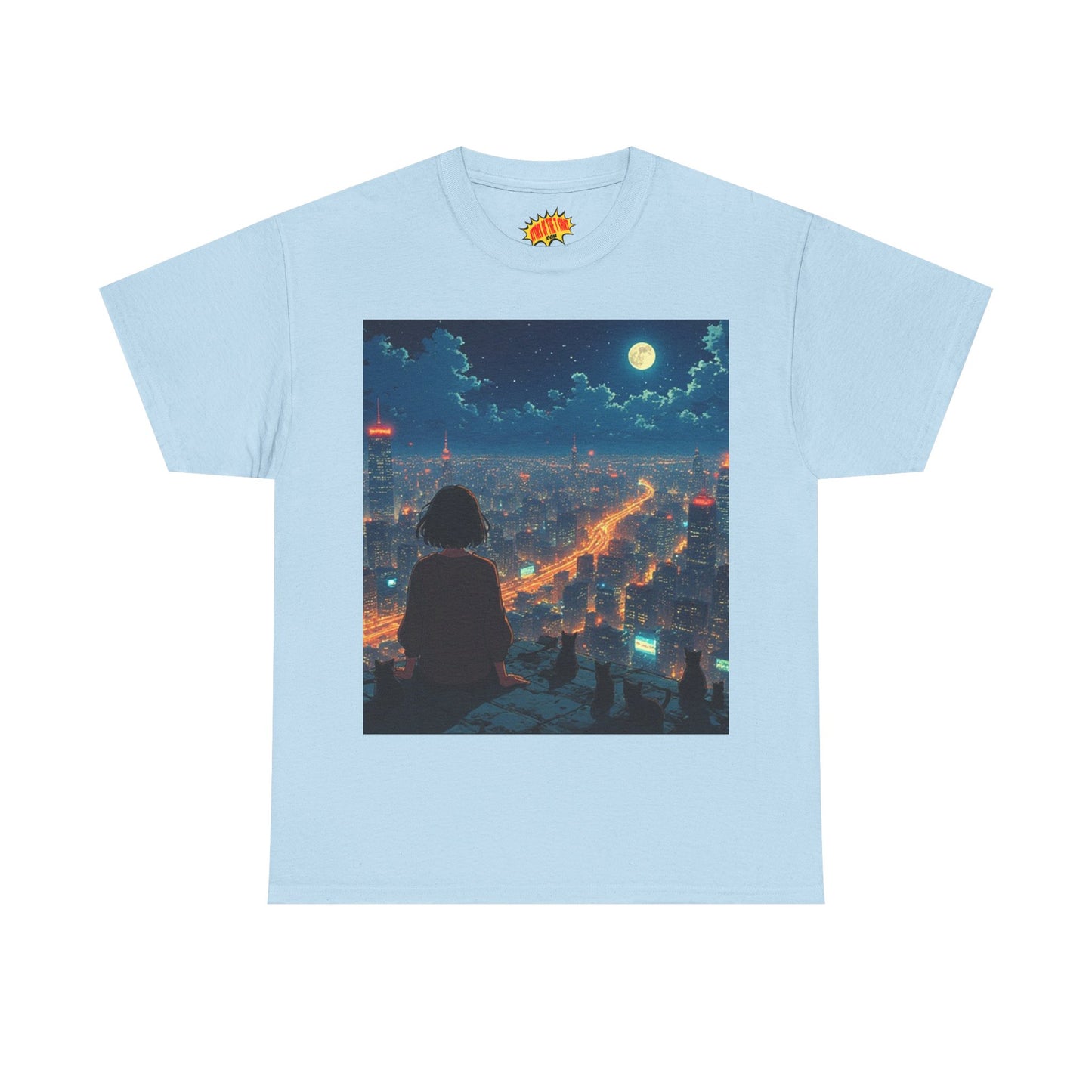 Neon City Anime Night Scene w/Girl & Cats T-Shirt *Multiple Colors*