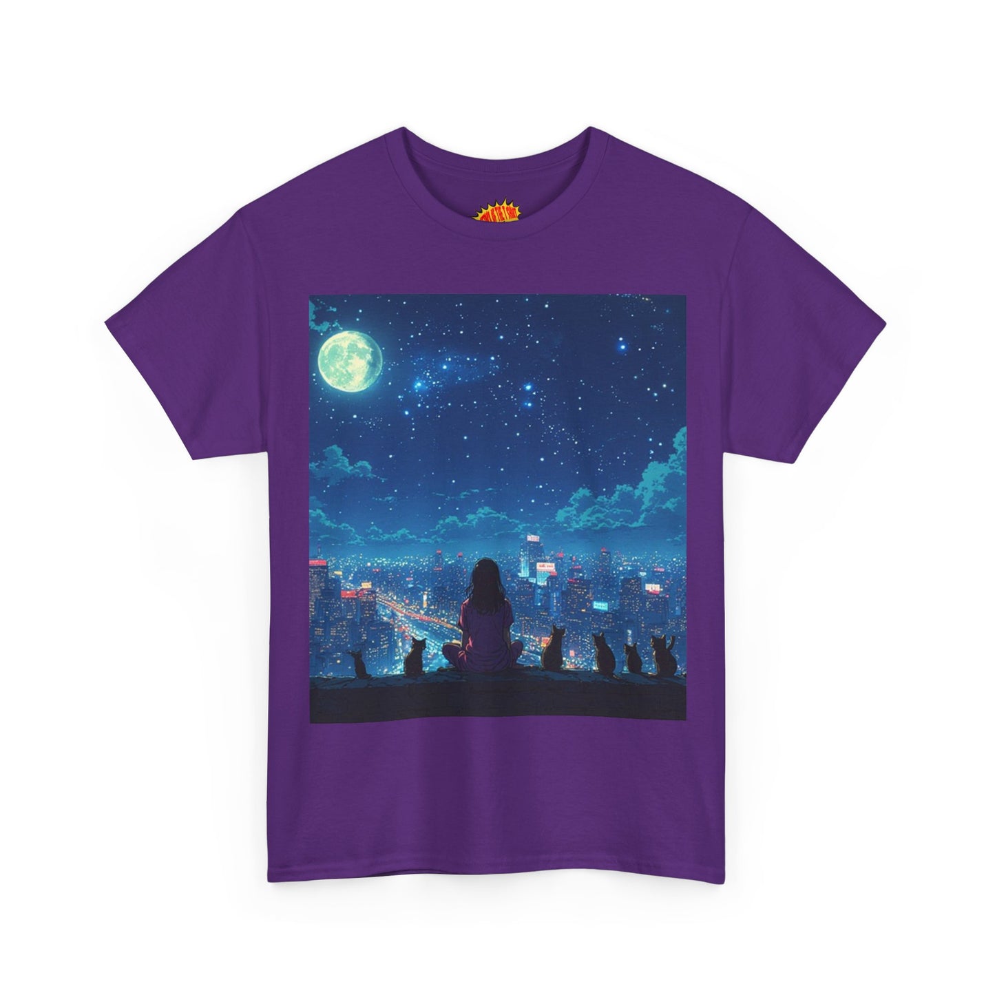 Anime Full Moon City Scene w/Girl & Cats T-Shirt *Multiple Colors*