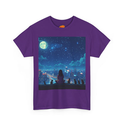Anime Full Moon City Scene w/Girl & Cats T-Shirt