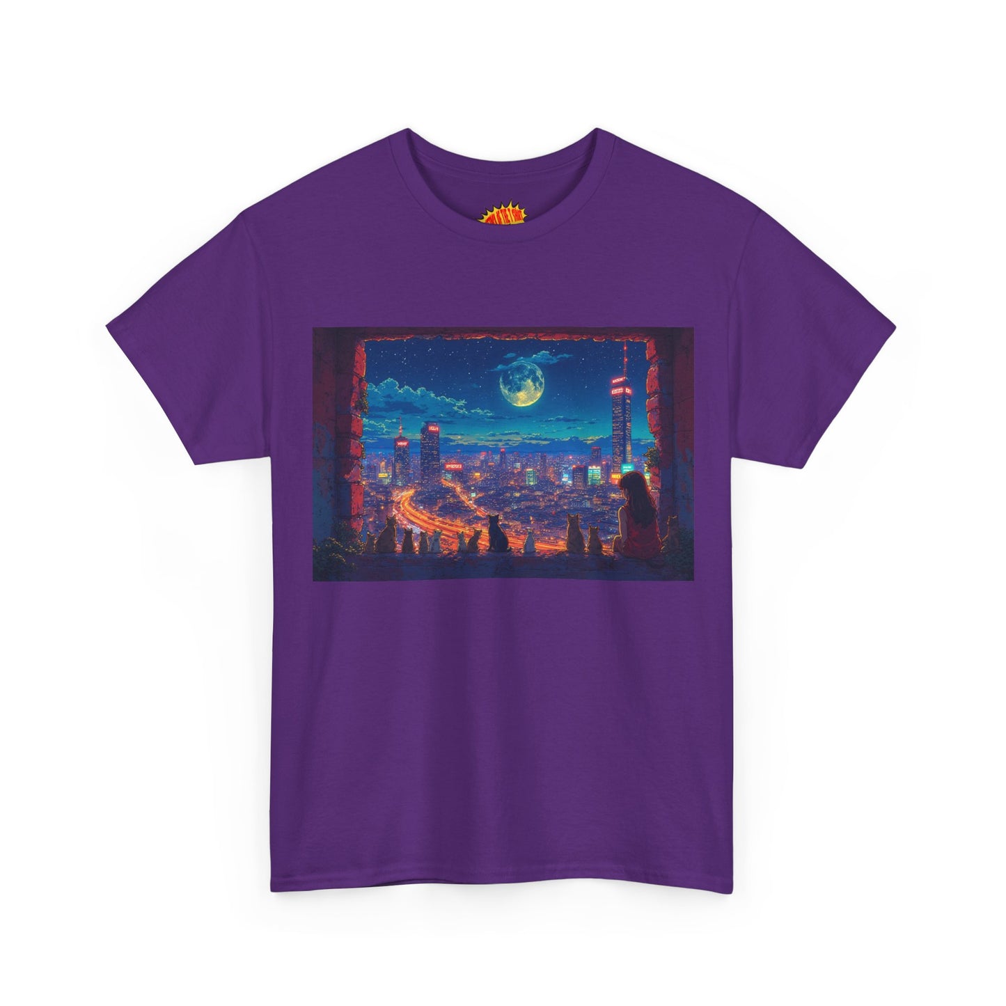 Anime Cityscape Night Scene w/Girl & Cats T-Shirt *Multiple Colors*