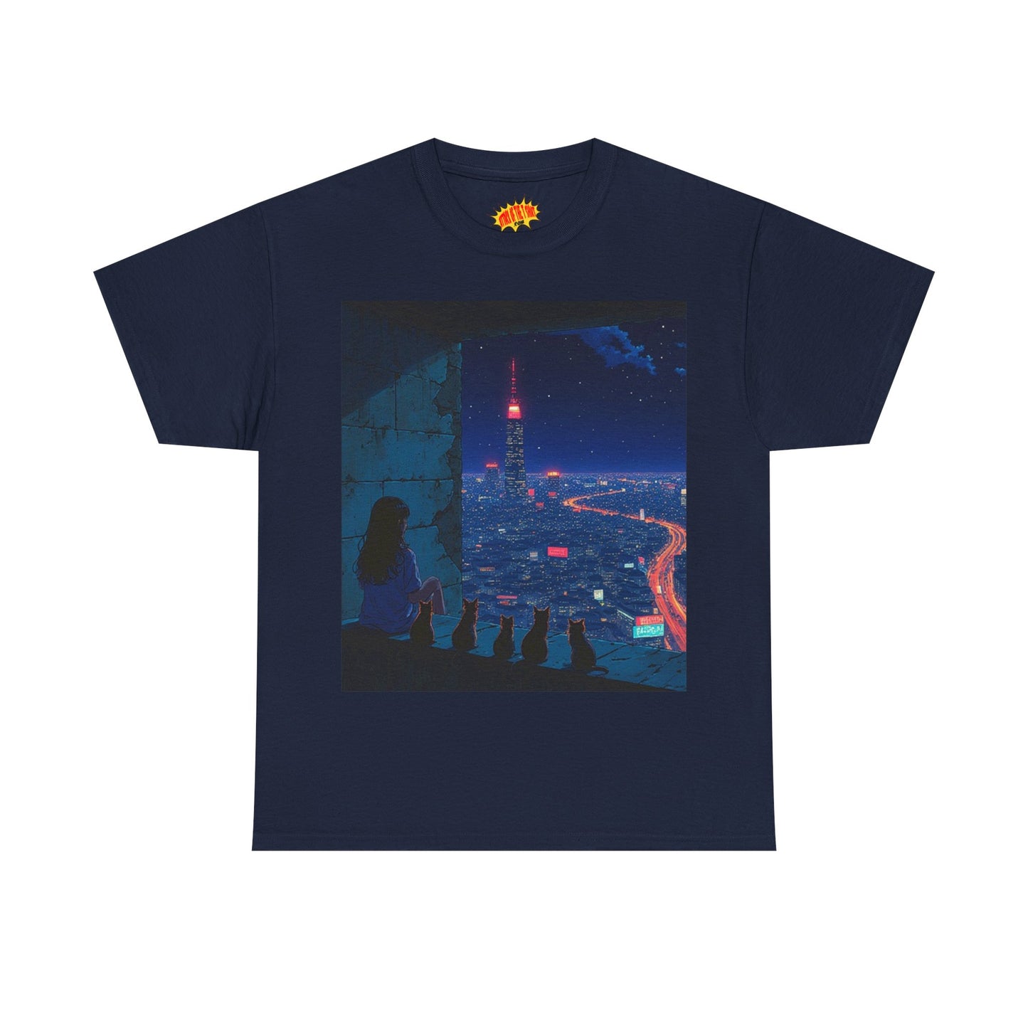 Anime Cityscape Night Scene w/Girl & Cats T-Shirt *Multiple Colors*