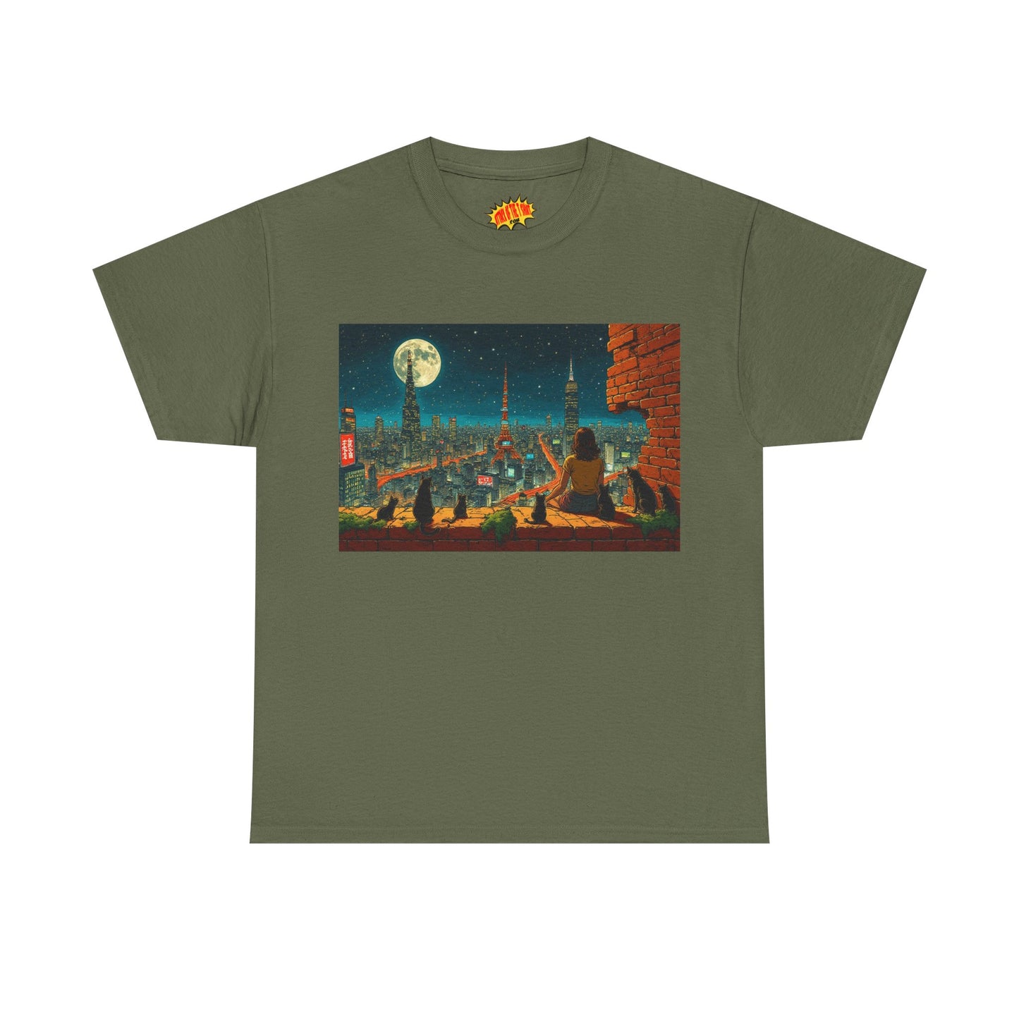 Anime Cityscape Full Moon Scene w/Girl & Cats T-Shirt *Multiple Colors*