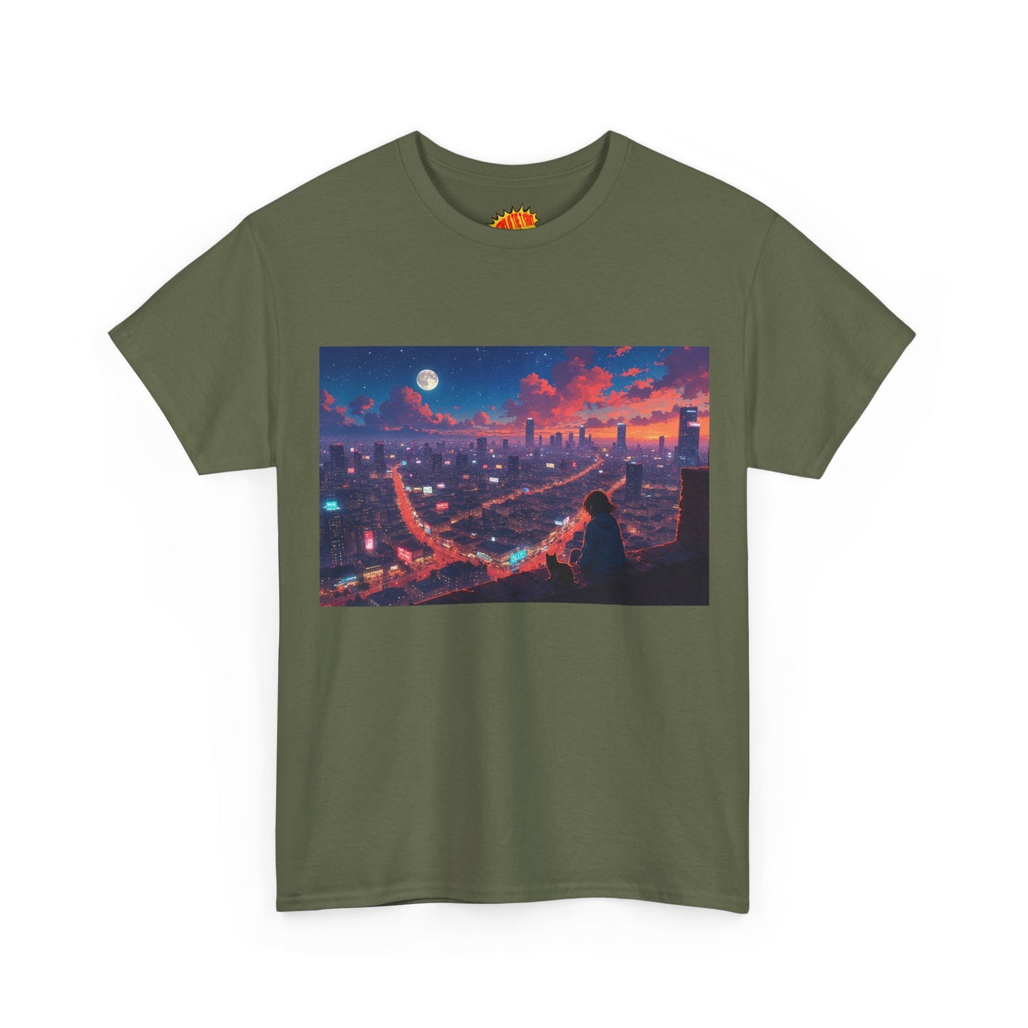 Anime City Neon Night Sky Scene w/Girl & Cats T-Shirt *Multiple Colors*