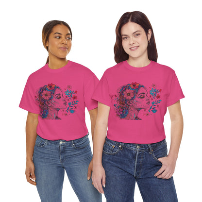 Multicolor Line Drawing Human Graphic Flower Art Tee Shirt