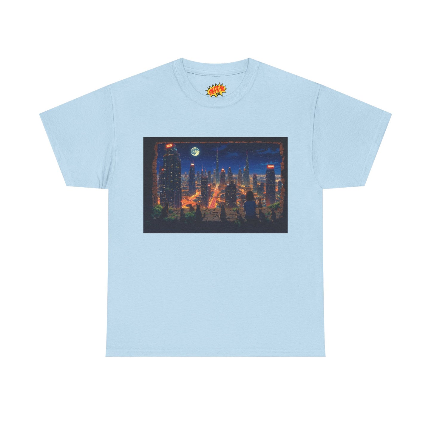 Neon Anime Cityscape Full Moon w/Girl & Cats T-Shirt *Multiple Colors*