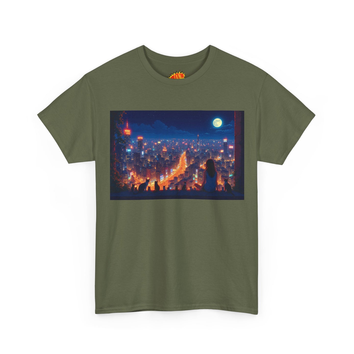 Anime City Night Scene w/Girl & Cats T-Shirt *Multiple Colors*