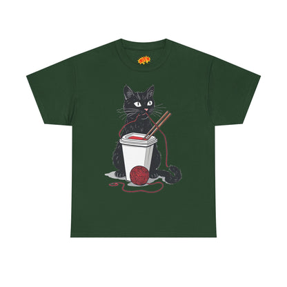 Black Cat w/Noodles + Yarn Ball Art Drawing Tee Shirt