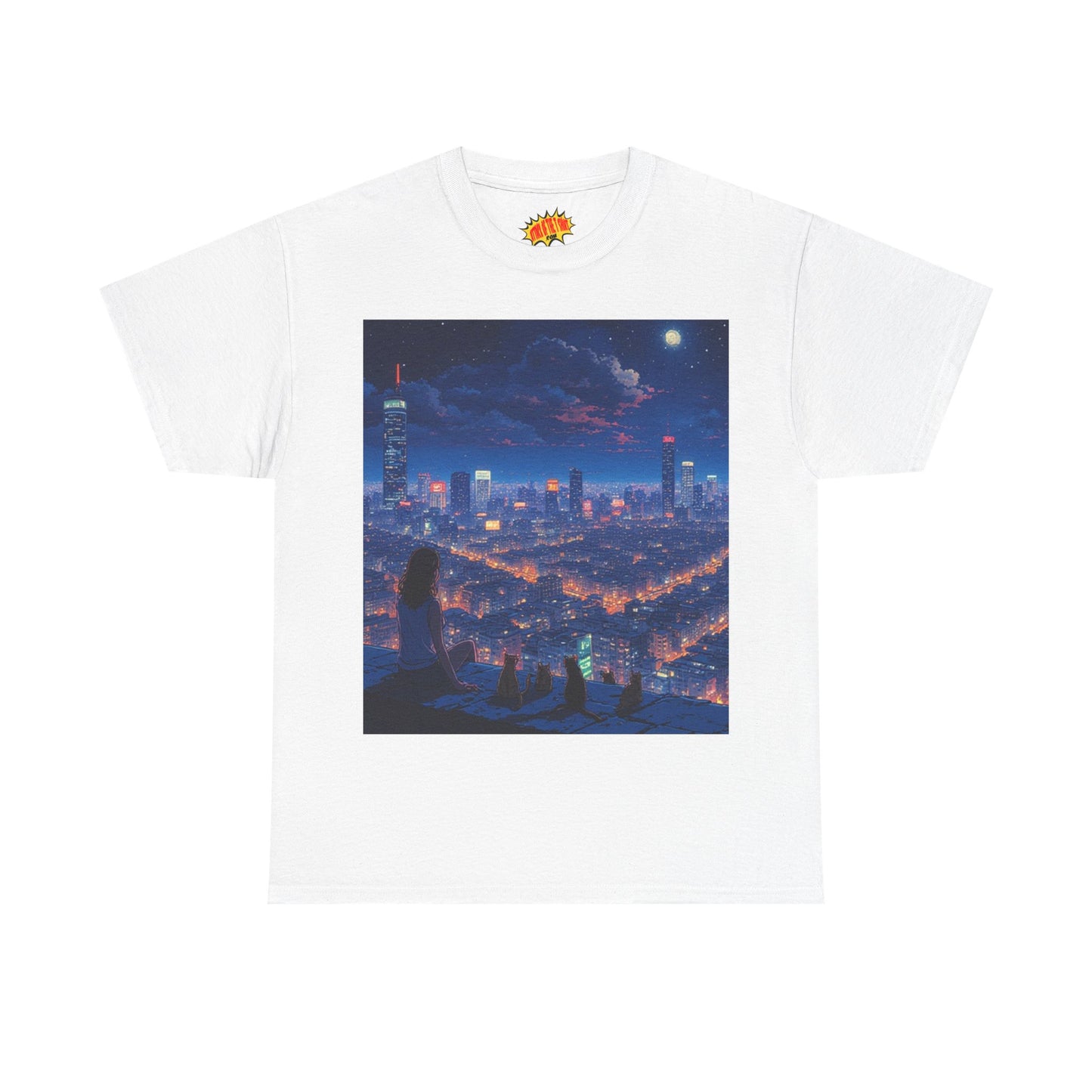 Neon Anime Cityscape Scene w/Girl & Cats T-Shirt *Multiple Colors*